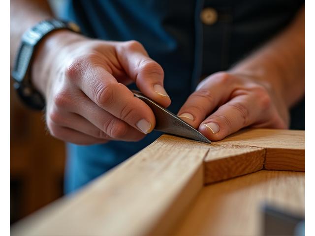 Skilled artisan working on a detailed wood joint with traditional tools, showcasing precision and craftsmanship in custom carpentry.